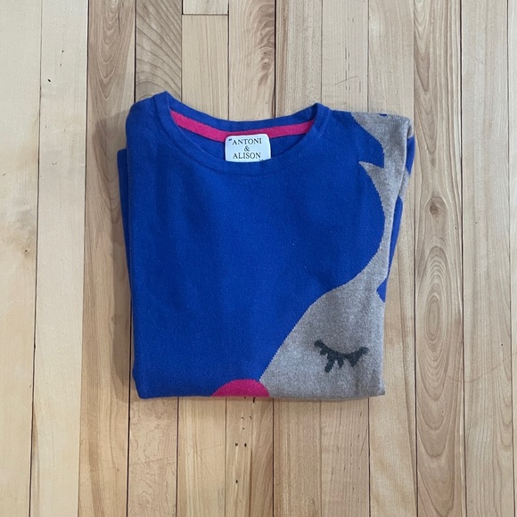 Antoni & Alison Label Novelty Reindeer Lambswool Blend Blue Jumper - Size US L - Picture 9 of 10